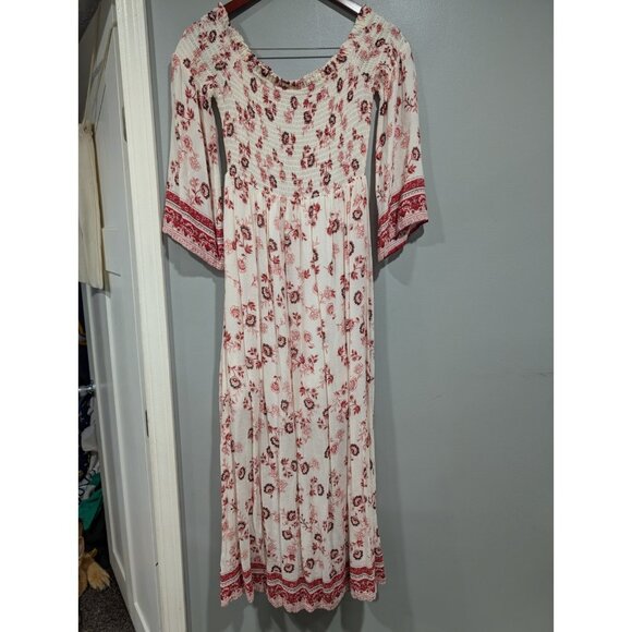 Altar'd State Sz S Floral Off the Shoulder Smocked 3/4 Sleeve Maxi Dress Cottage - Picture 2 of 16
